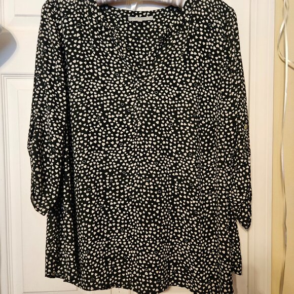 #483-Daniel Rainn- Black w White hearts Button-up Blouse. Sz. 2X - Picture 1 of 12